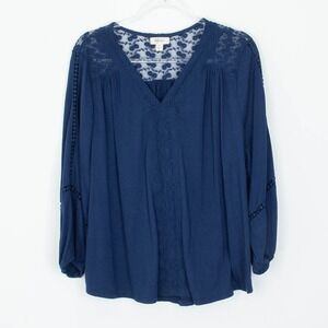 Style & Co Womens Mesh Crochet V Neck Peasant Top Size XL Blue Balloon‎ Sleeve